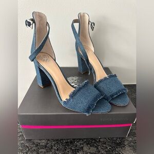 Vince Camuto Mid Blue Frayed Denim Heels